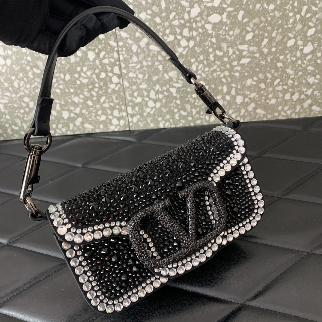 Valentino Garavani Loco Small Shoulder Bag with Black Rhinestone Applique